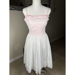Vintage Gay Gibson Pink‎ Lace Cotton Midi Dress ILGWU Cottagecore Size 9